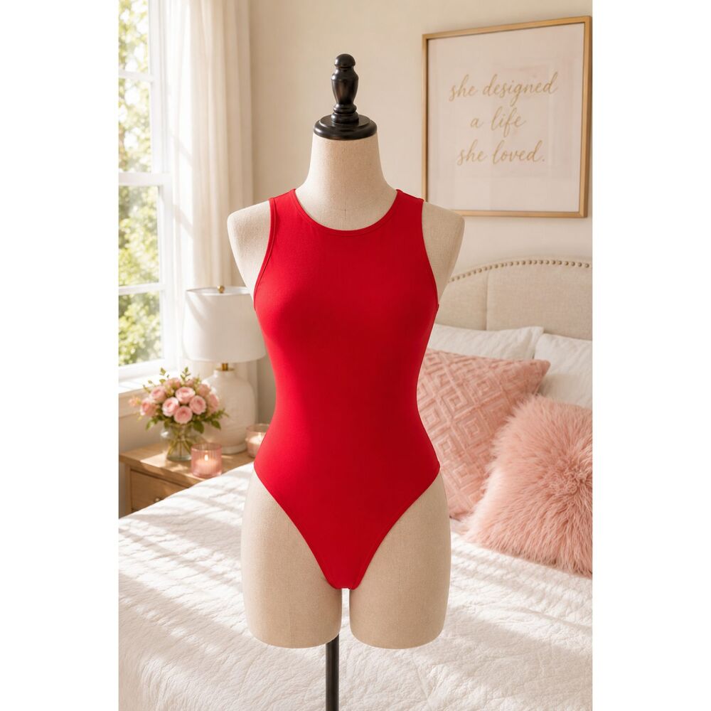 MANGOPOP Red Sleeveless Bodysuit XL Women's Stretch Tank Top Bodysuit